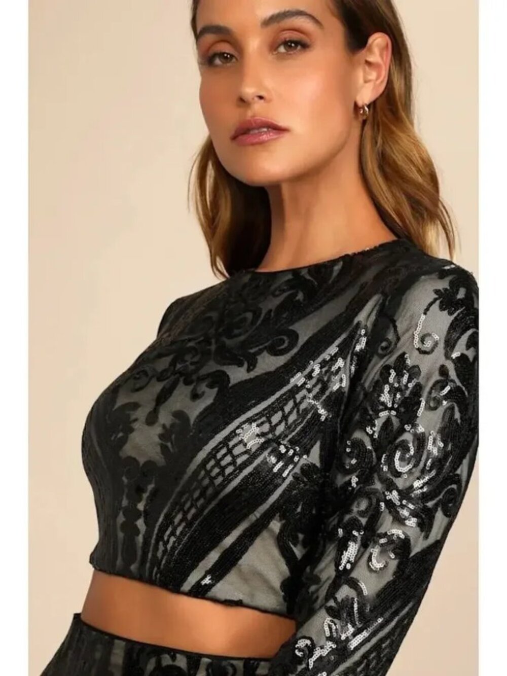 Lulus Luxe Black Nude Sequin Cropped Top Medium NWT Formal Cocktail Zip Back